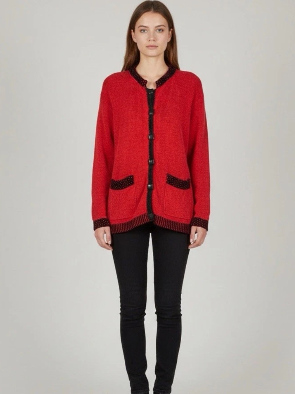 Vintage Ani Barrie Chenille Cardigan Red Black Toggle Closure Made USA Large
